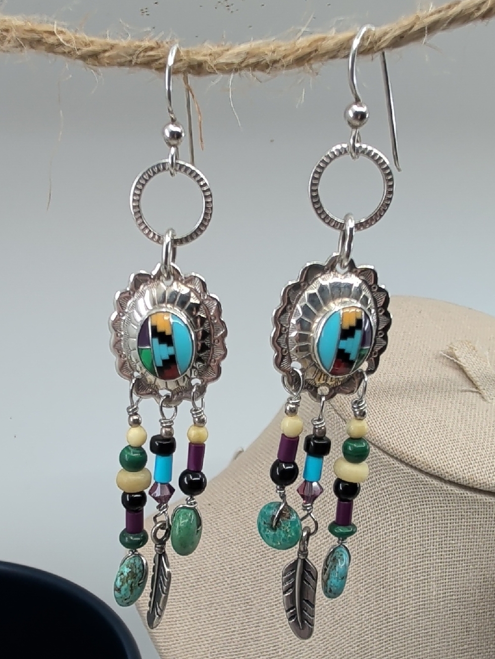 Vintage Masha 925 Sterling Inlay Concho Dreamcatcher Earrings